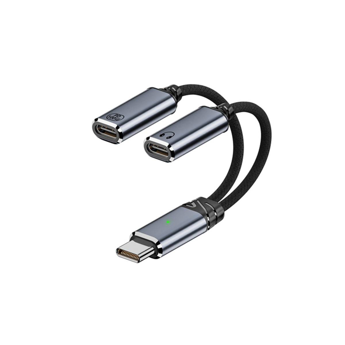 Adapterkabel mit einem USB-C-Stecker auf der einen Seite und zwei weiblichen USB-C-Anschlüssen, dargestellt auf weißem Hintergrund.