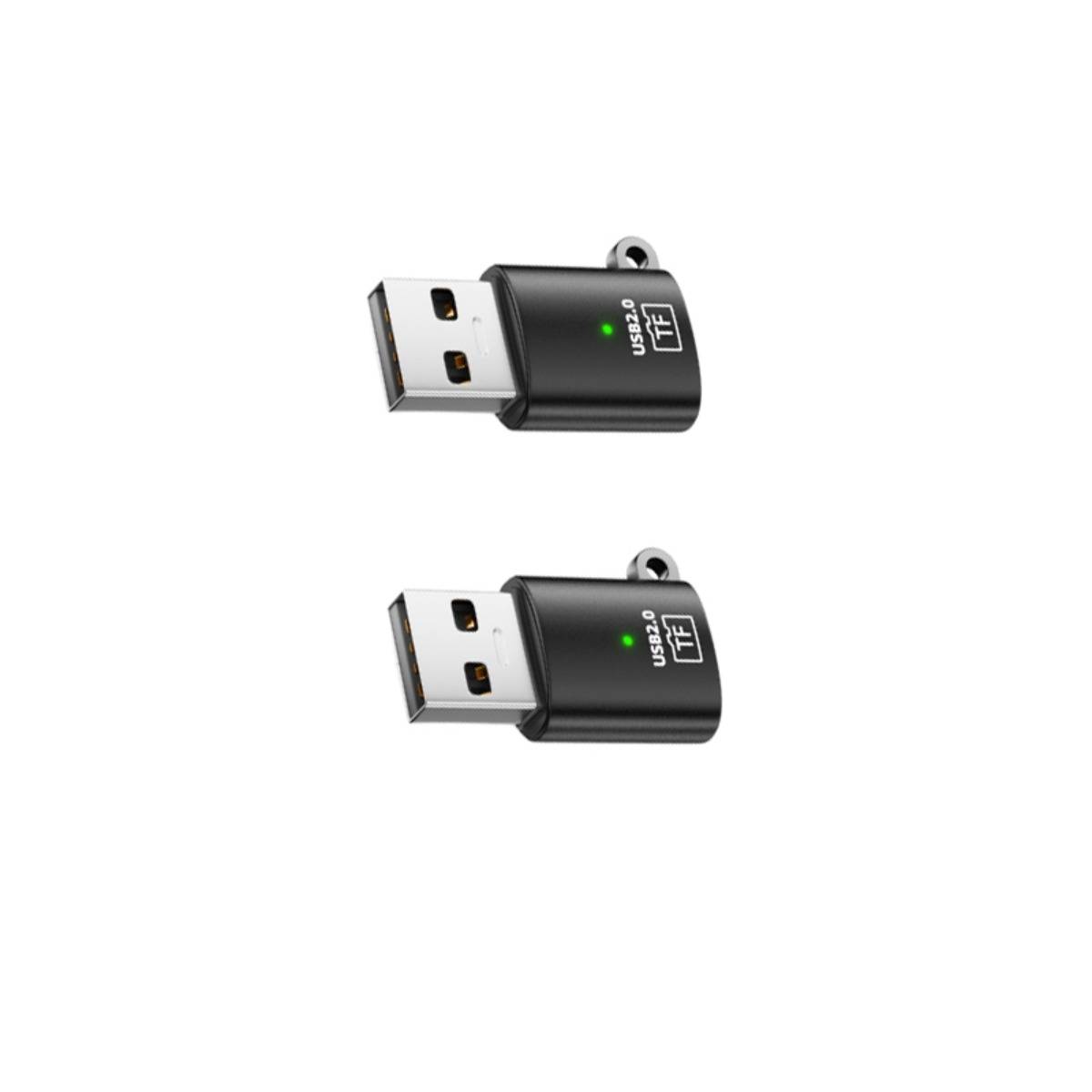 Zwei schwarze USB 2.0 TF-Kartenleser-Adapter mit grünen Anzeigelichtern werden auf weißem Hintergrund gezeigt.