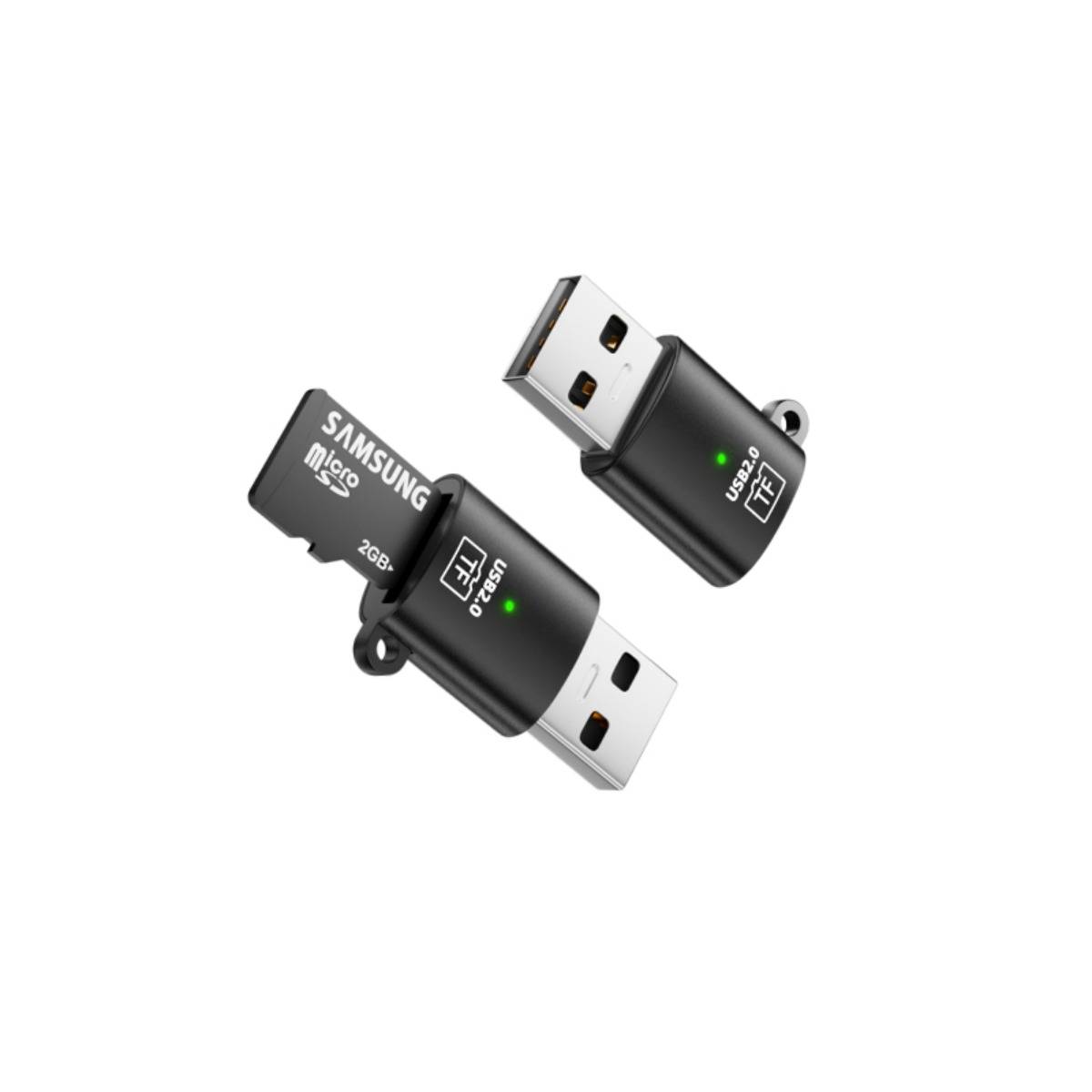 Zwei Samsung-USB-Speichersticks mit microSD-Kartensteckplätzen, gezeigt auf schwebendem weißem Hintergrund.