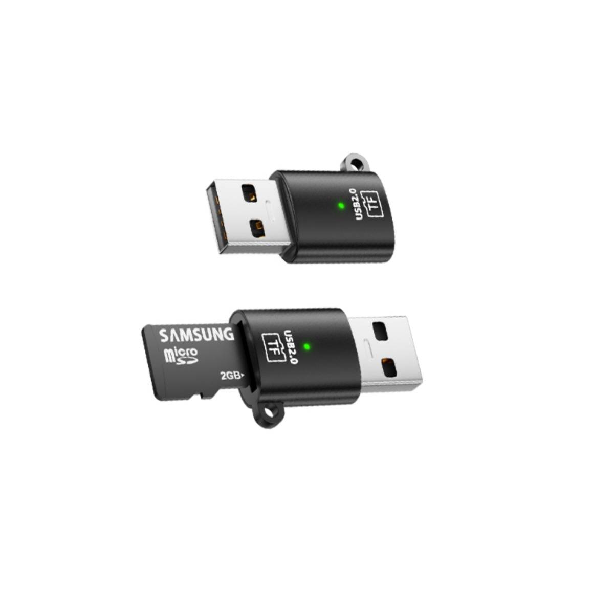Zwei schwarze USB-2.0-Speichersticks, einer mit einer eingesteckten Samsung-microSD-Karte, auf weißem Hintergrund.