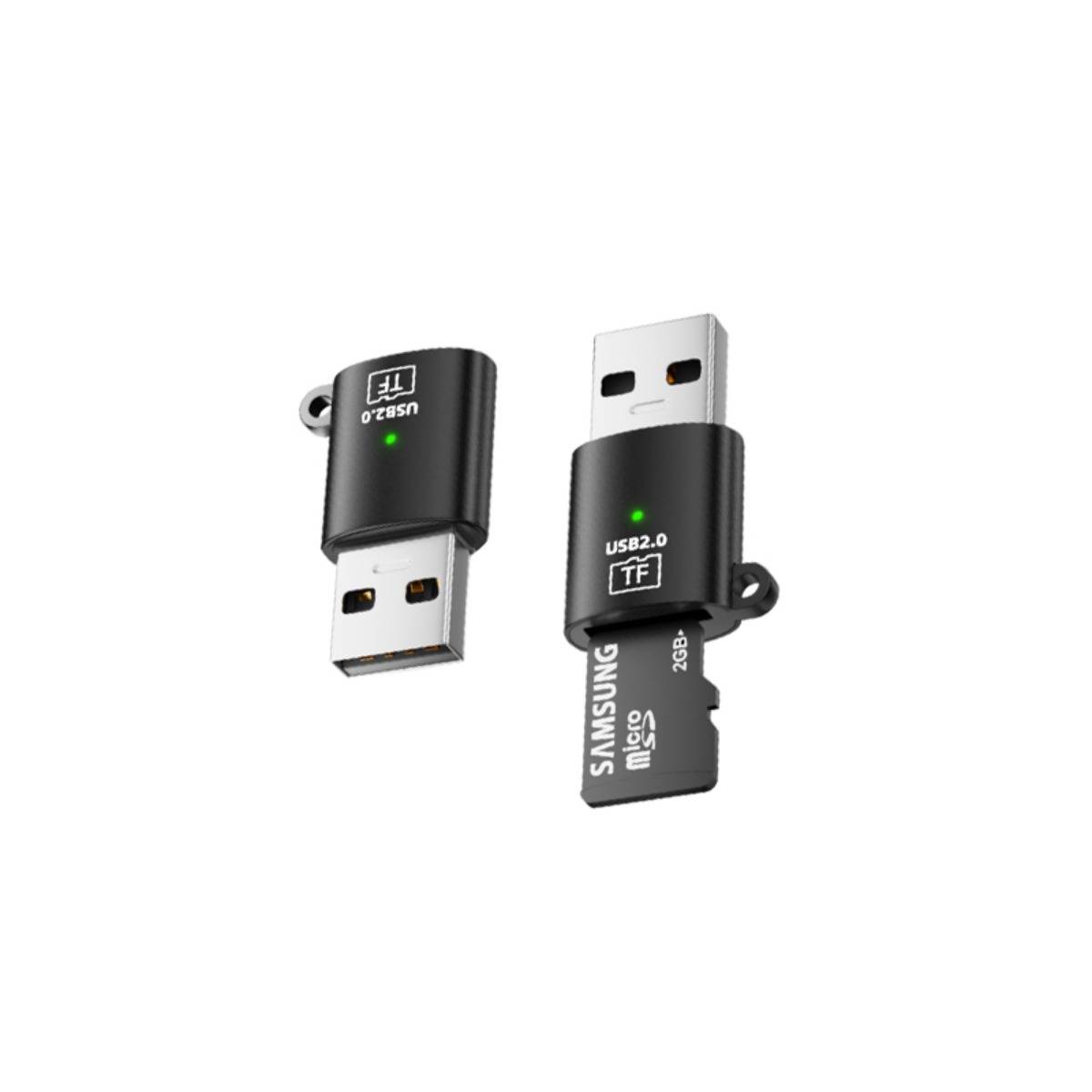 Zwei USB-Speicherstick-Adapter mit angeschlossenen microSD-Karten, gezeigt auf weißem Hintergrund.