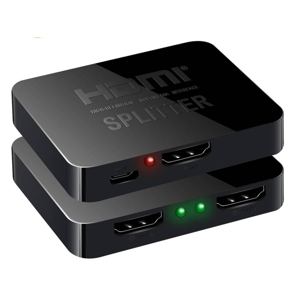 Schwarzer HDMI-Splitter mit zwei gestapelten Einheiten, die HDMI-Anschlüsse und rote/grüne Statusleuchten auf weißem Hintergrund zeigen.