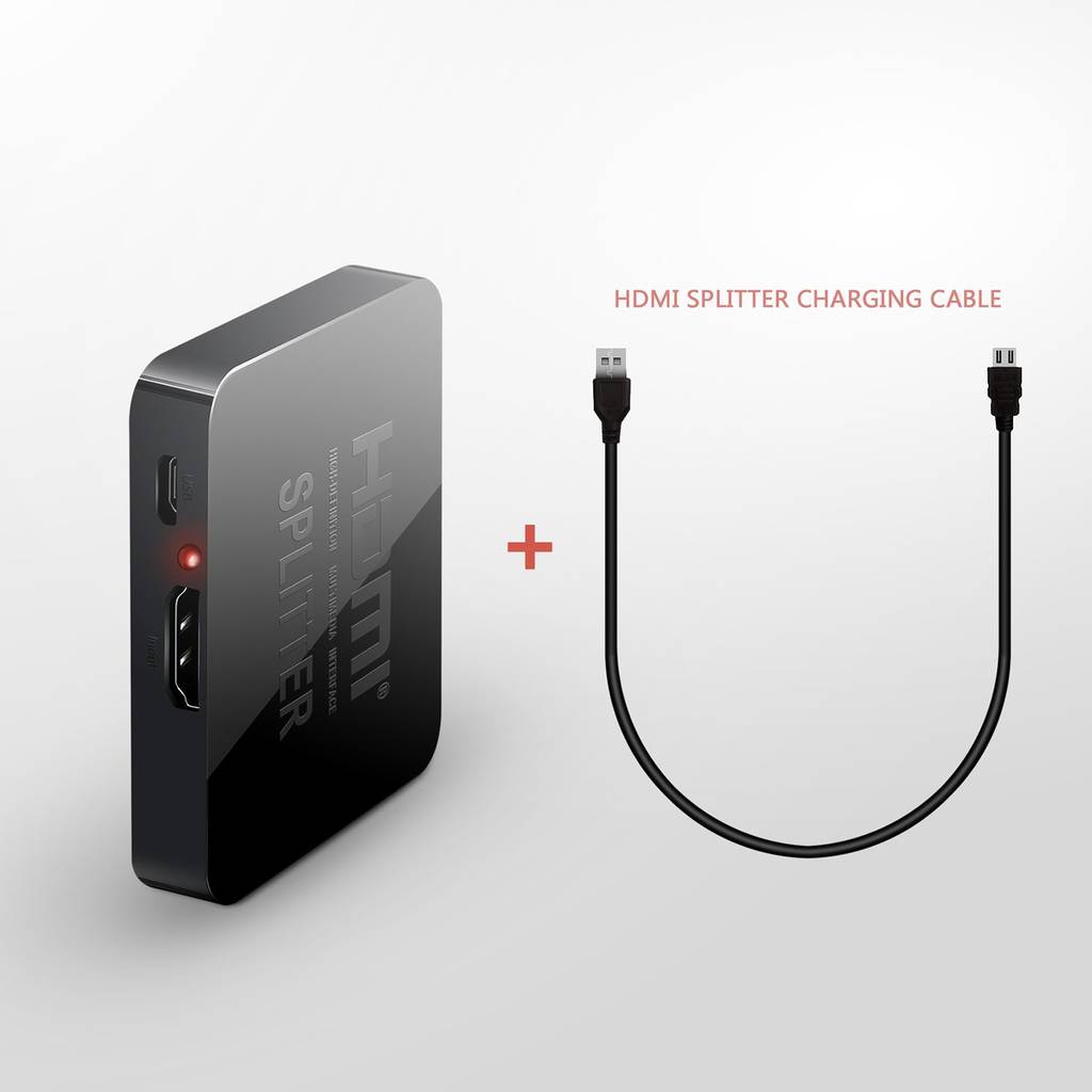Produktbild einer HDMI-Splitter-Box mit einem USB-Ladekabel, dargestellt mit einem Pluszeichen und dem Text „HDMI SPLITTER CHARGING CABLE".