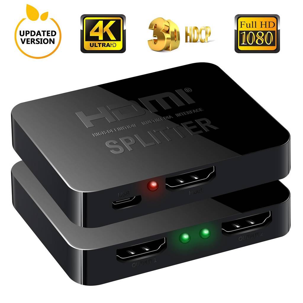 Zwei übereinander gestapelte schwarze HDMI-Splitter mit Anzeigelampen, gekennzeichnet mit 4K Ultra HD, 3D und Full HD 1080, dargestellt als aktualisierte Version.
