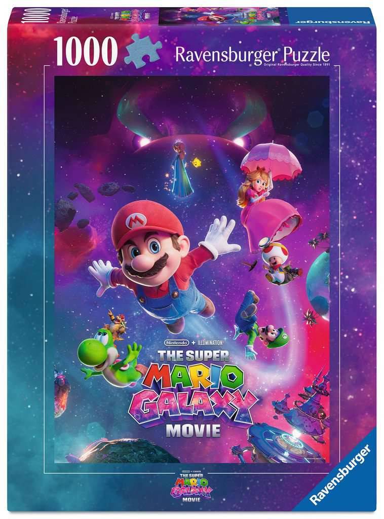 Ravensburger 1000er-Puzzle-Schachtelbild für The Super Mario Galaxy Movie, das Mario und andere Charaktere schwebend in einer lila Weltraumszene zeigt.