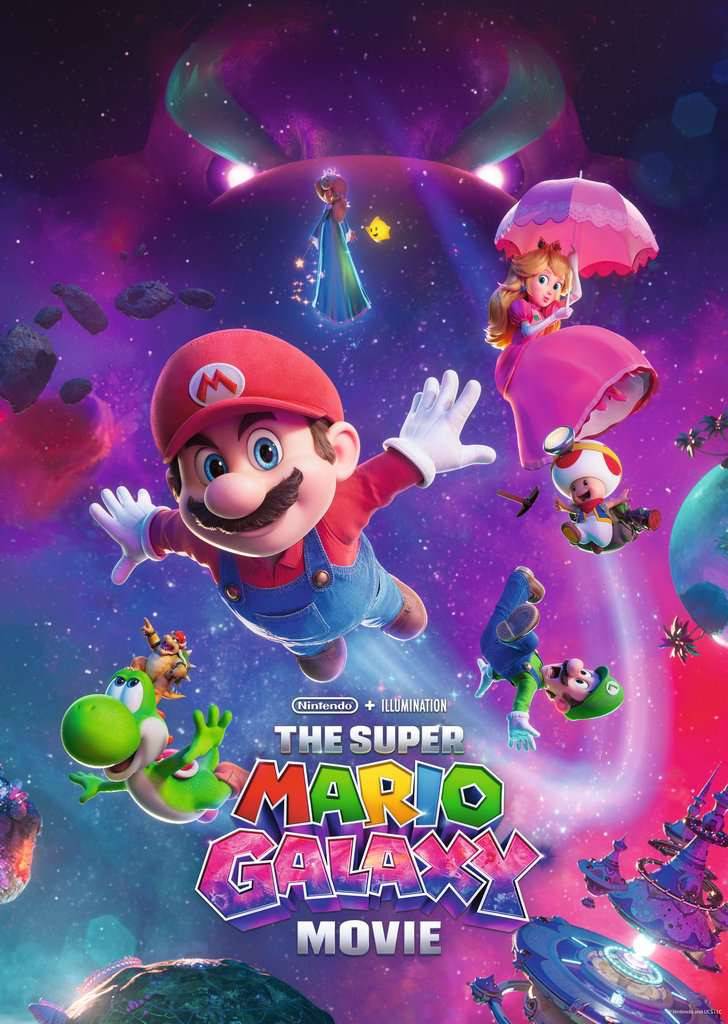 Werbeplakat für The Super Mario Galaxy Movie mit Mario, der im Weltall schwebt, zusammen mit Prinzessin Peach, Toad, Luigi, Yoshi und Bowser vor einem farbenfrohen Galaxie-Hintergrund.