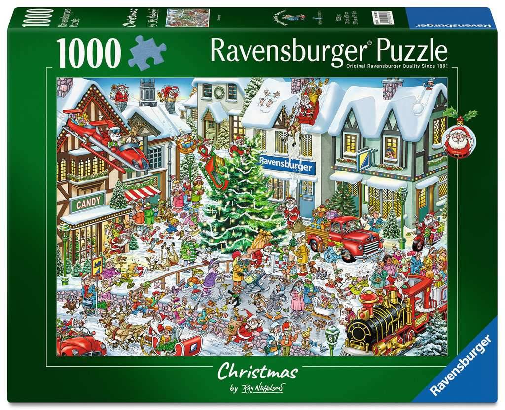 Ravensburger 1000-teiliges Weihnachtspuzzle mit verschneitem Dorfplatz mit dem Weihnachtsmann, geschmücktem Weihnachtsbaum, Geschäften und einem roten Zug.
