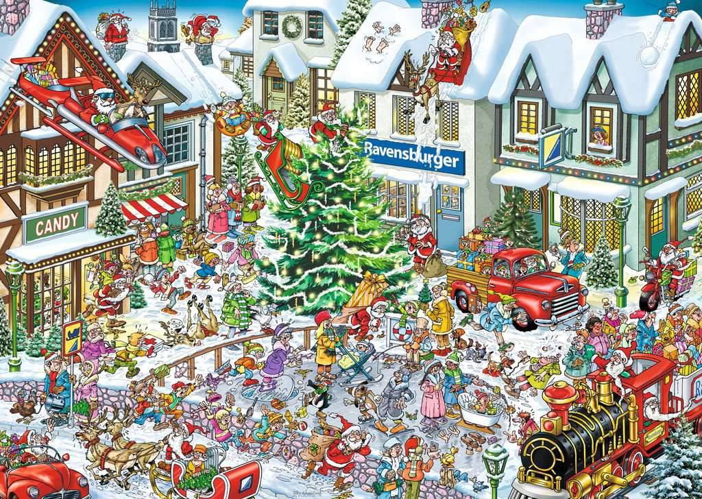 Geschäftiges schneebedecktes Weihnachtsdorf mit dem Weihnachtsmann, Weihnachtssängern, Kindern, verziertem Weihnachtsbaum, Süßigkeitenladen, rotem Lastwagen und einem Spielzeugzug, der Geschenke transportiert.