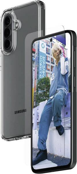 Samsung-Telefon mit einer transparenten Schutzhülle und einem Vollbilddisplay einer Person, die auf einer Außenkante sitzt.