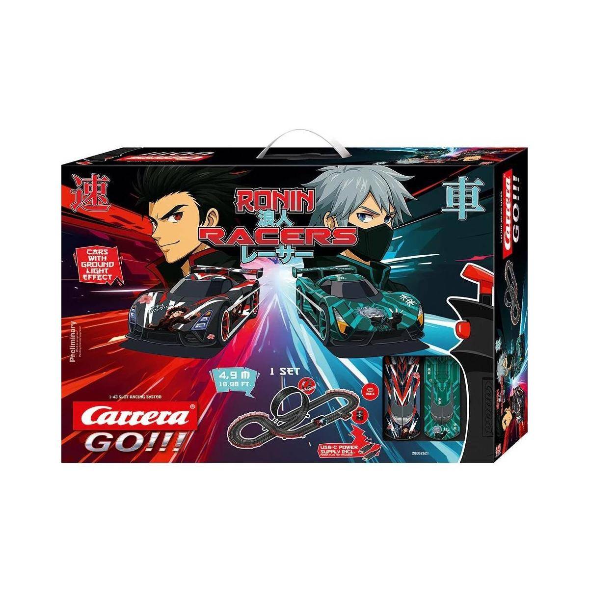 Carrera GO!!! 'Ronin Racers' Slotcar-Set Box mit zwei Anime-Stil-Fahrern, zwei Rennwagen und einer 4,9 m Streckenanordnung.