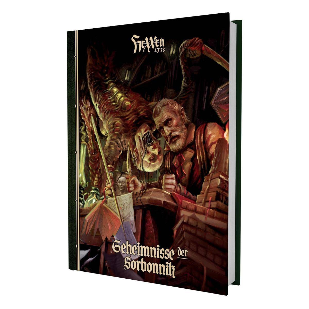 Buchcover für 'Seelen 1733' mit dem Titel 'Geheimnisse der Sorbonnik', zeigt eine dunkle Fantasy-Szene mit einer monströsen Kreatur, die über zwei verängstigten Menschen schwebt.