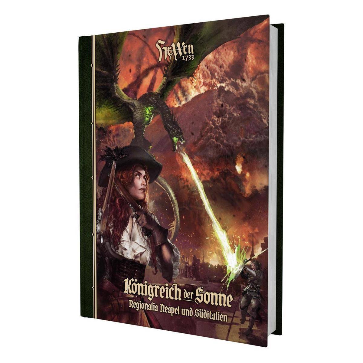 Ein Fantasy-Buchcover zeigt eine Piratin und einen Drachen über einer feurigen Szene mit dem Titel „Königreich der Sonne