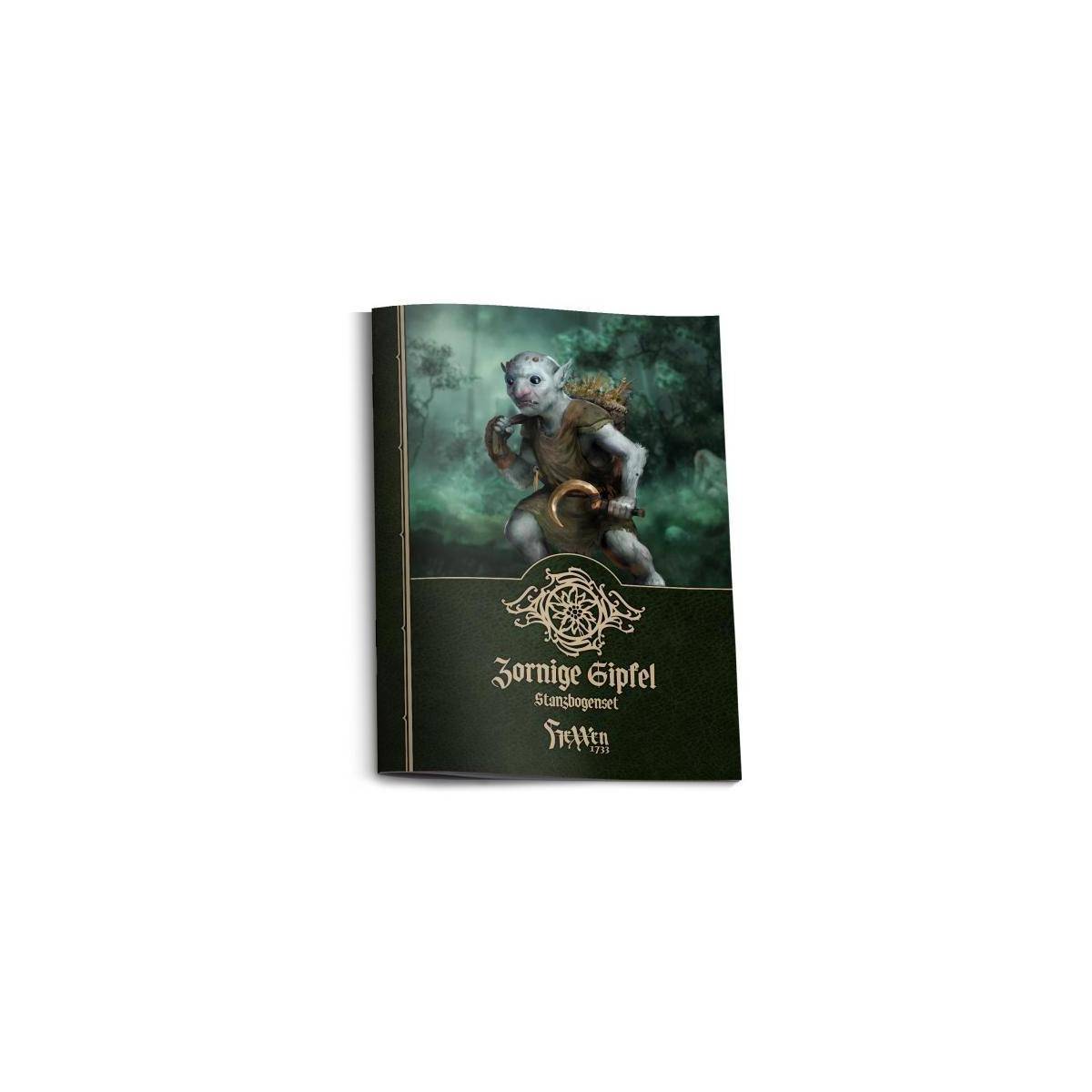 Eine Fantasy-Buchcover-Illustration, die eine Kreatur zeigt, die einen Stab hält, mit dem Titel „Zornige Gipfel