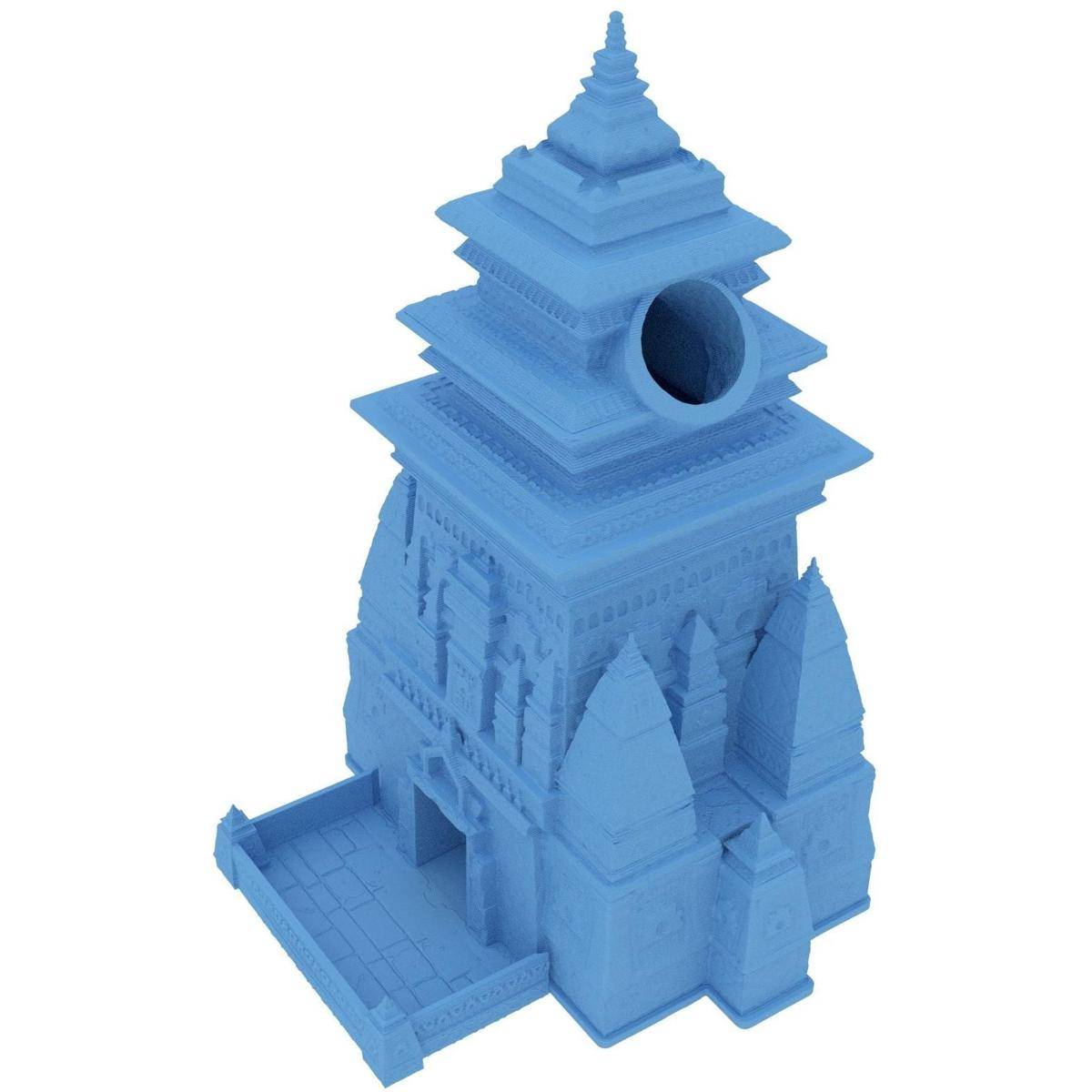Blaues 3D-gedrucktes Modell eines tempelähnlichen Gebäudes mit gestaffelten Dächern, einer kreisförmigen Öffnung nahe der Oberseite und einem kleinen Eingangsvorhof.