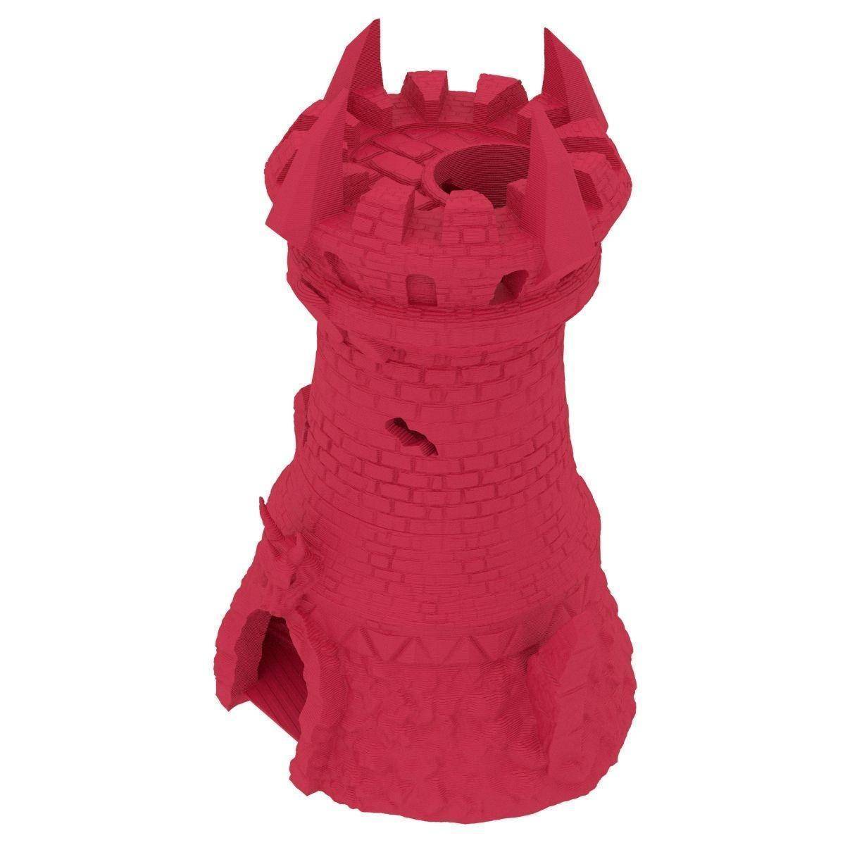 Rosa 3D-gedrucktes Schlossturmmodell mit Zinnen und einem gewölbten Türeingang, isoliert auf weißem Hintergrund dargestellt.