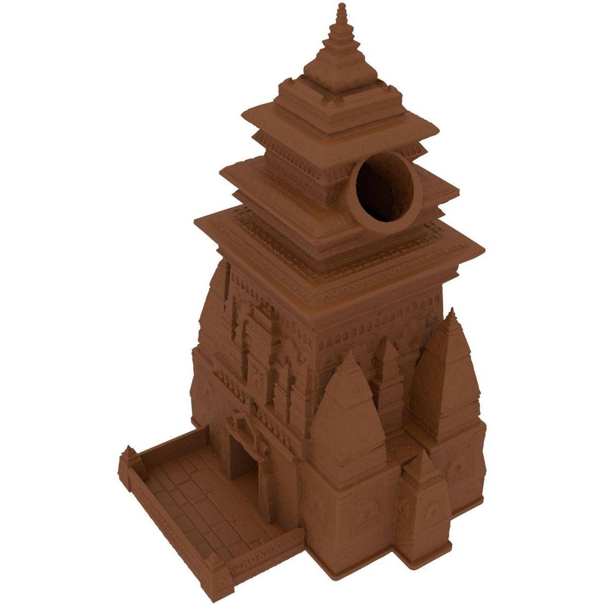 Braunes 3D-Modell eines kleinen verzierungenen Tempels oder Schreins mit gestuftem Dach, gewölbtem Eingang und einer runden Öffnung in der Nähe der Spitze.