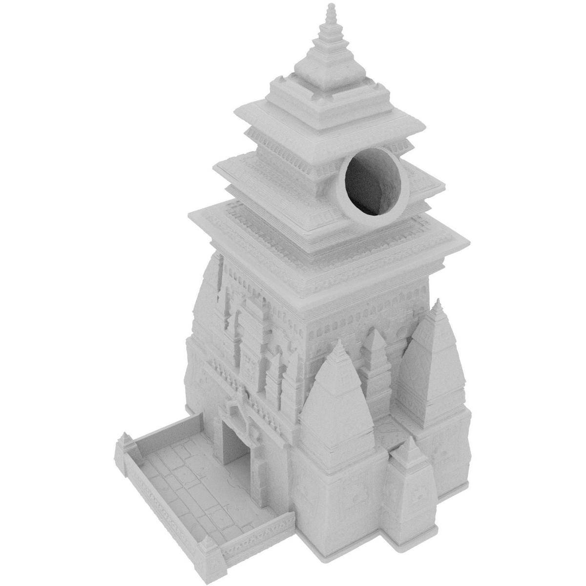 Weißes 3D-Modell eines tempelähnlichen Turms mit gestuften Dächern, einer kreisförmigen Öffnung in der Nähe der Spitze und einer kleinen vorderen Terrasse, dargestellt auf einem einfachen Hintergrund