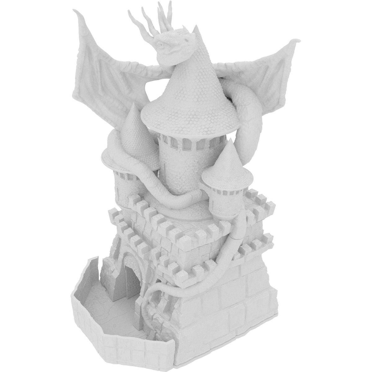 Weiße 3D-gedruckte Fantasie-Burg mit einem Drachen, der um den Turm gewickelt ist, vor einem einfachen Hintergrund gezeigt.