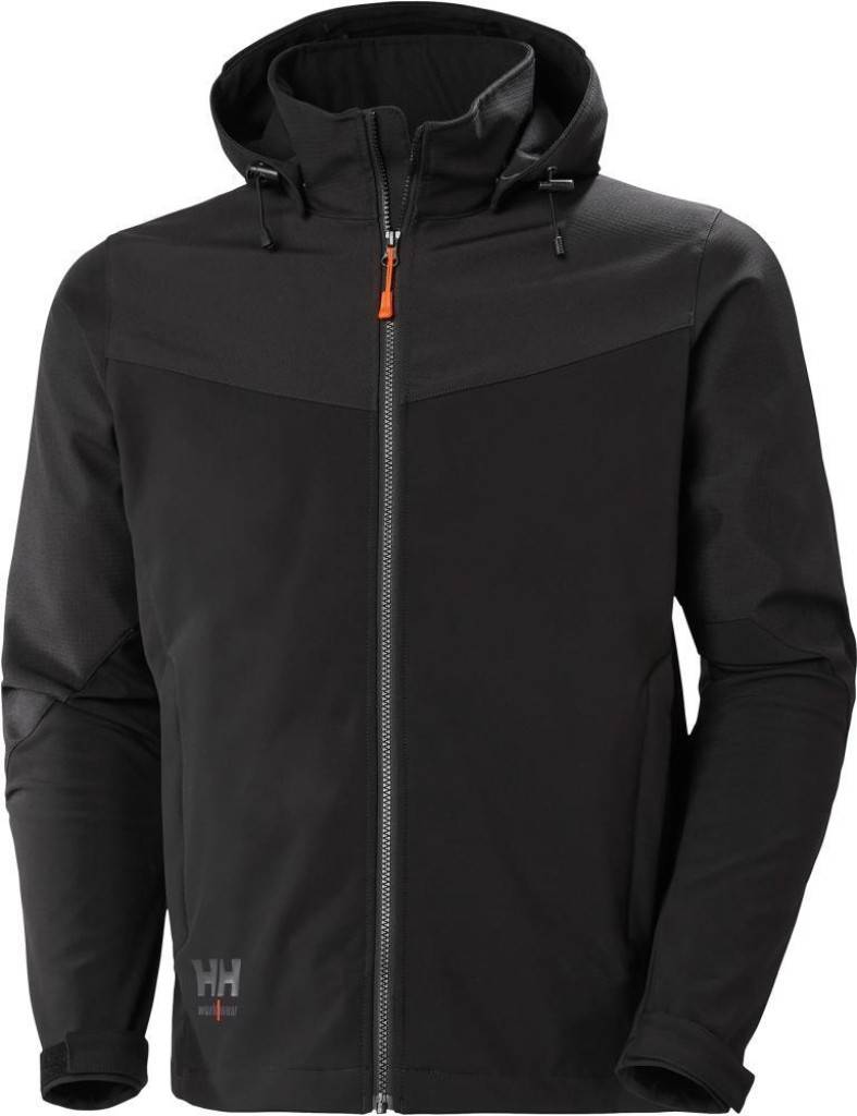 Schwarze Kapuzenjacke mit Reißverschluss und orangefarbenem Reißverschlussschieber, Vorderansicht auf einfachem Hintergrund.