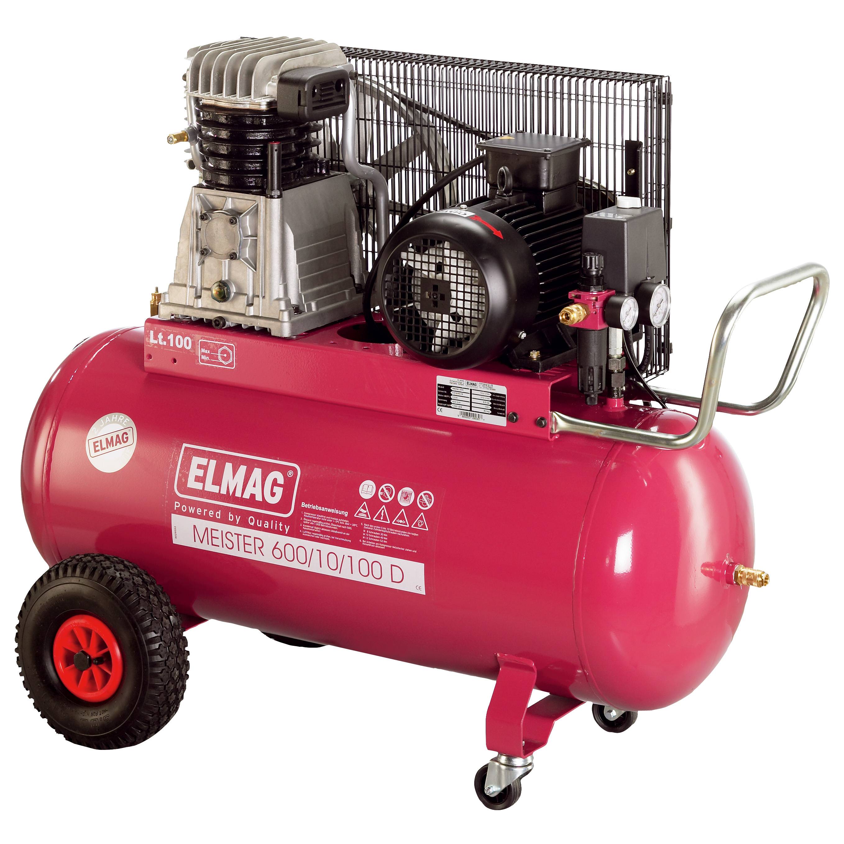 Tragbarer roter ELMAG-Luftkompressor mit Motor, Druckmessern, Rädern und Griff zum Bewegen in der Werkstatt.