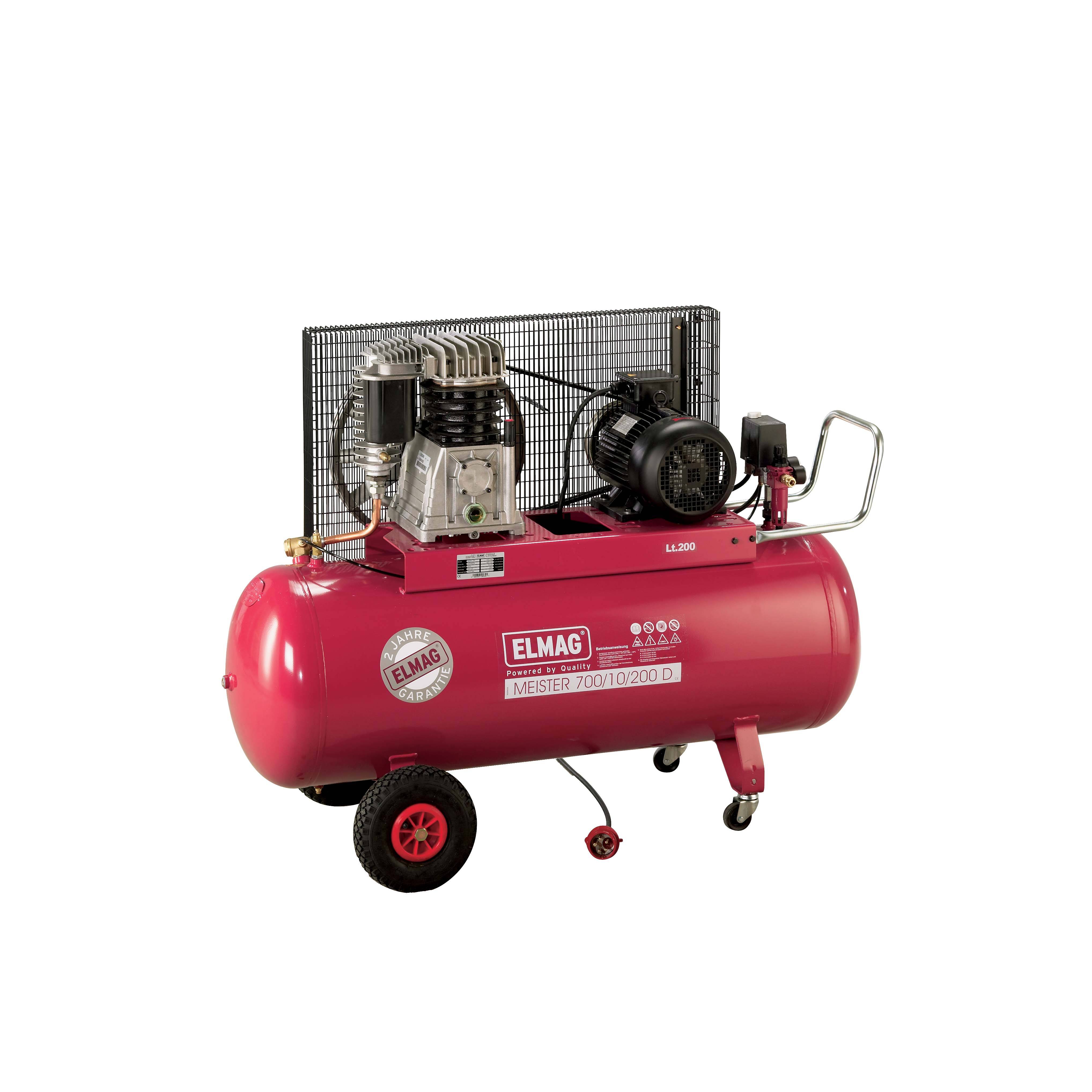 Roter tragbarer Luftkompressor mit Doppelmotorantrieb, Drucktank, Rädern und Griff auf weißem Hintergrund.