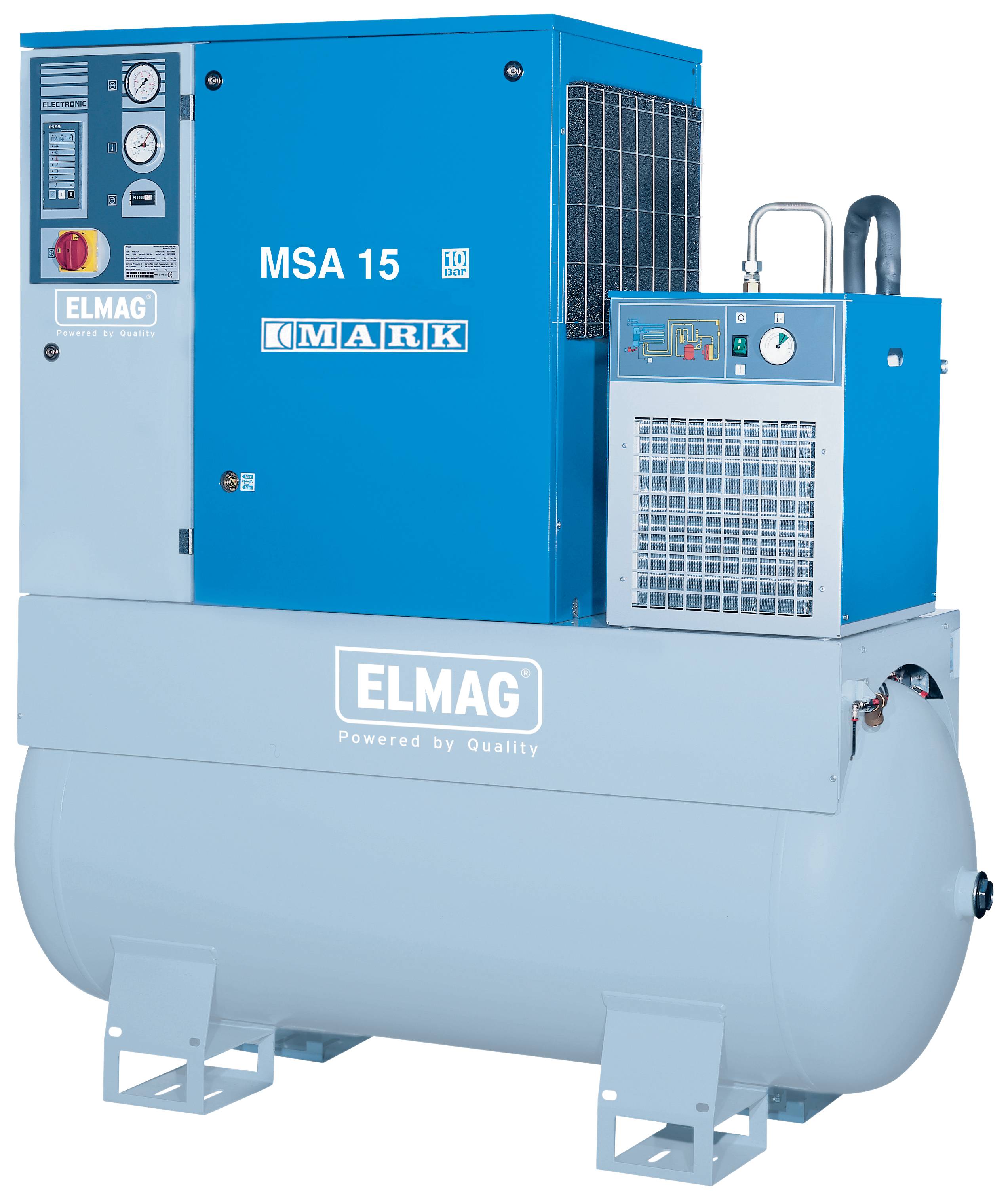 Blauer ELMAG MSA 15 MARK Industrie-Luftkompressor mit Bedienfeld und großem horizontalem Tank.