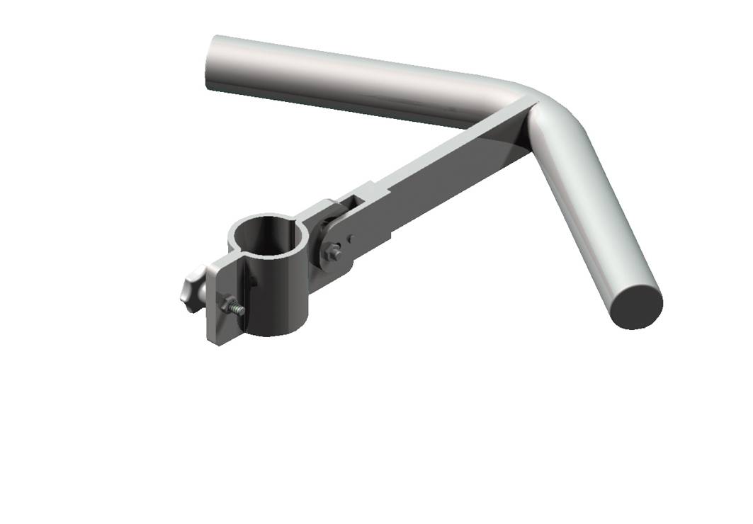 Verstellbare Metalllenkerklemmung mit zwei angewinkelten Rohrgriffen auf weißem Hintergrund.