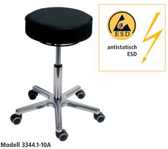 Antistatischer ESD-Drehhocker mit schwarzem Sitz und fünfteiliger Rollenfuß-Basis, gekennzeichnet als 'Modell 3344.1-10A'.