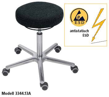 Antistatischer ESD-Drehhocker mit schwarzem Rundsitz, verchromter fünfstrahliger Fußkreuz auf Rollen, gekennzeichnet mit „Modell 3344.13A