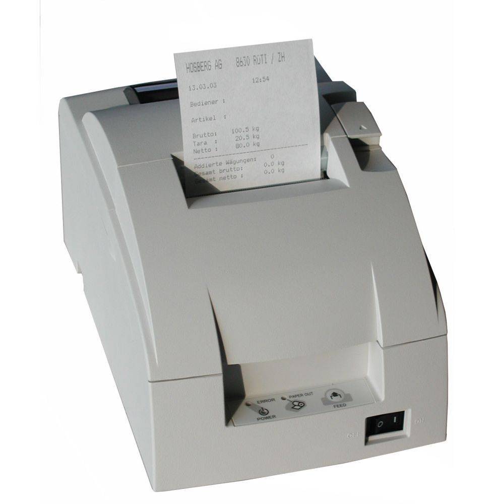 Kleiner Bondrucker druckt einen Papierstreifen auf einem einfachen weißen Hintergrund.