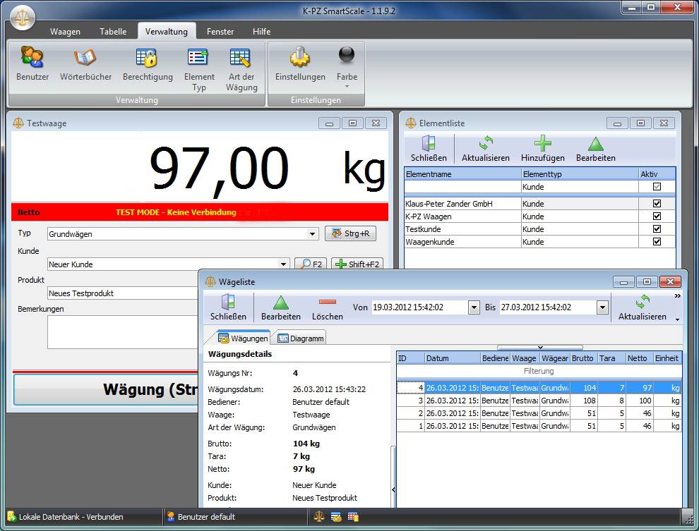 Screenshot einer industriellen Wägeanwendung mit einem Livegewicht von 97,00 kg, mit Formularen für Waage, Kunde und Produkt, sowie Fenstern mit Auflistung von Elementen und Wägeprotokollen.