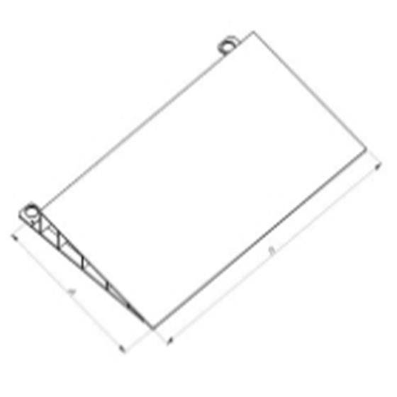 Isometrische technische Zeichnung eines rechteckigen Panels oder einer Platte mit Eckbefestigungsösen und Bemaßungspfeilen, die Länge und Breite anzeigen.