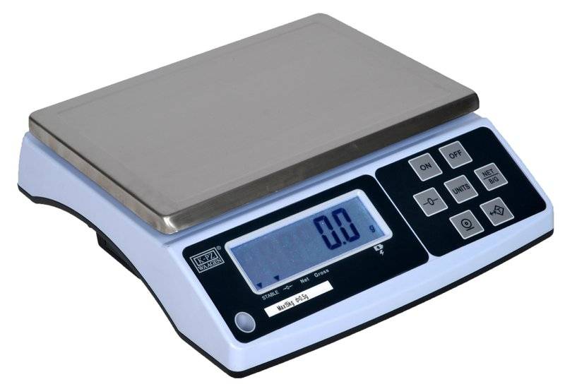 Digitale Tischwaage mit Edelstahlplattform und LC-Display mit Anzeige 0,0, sowie ON/OFF- und Modustaste.