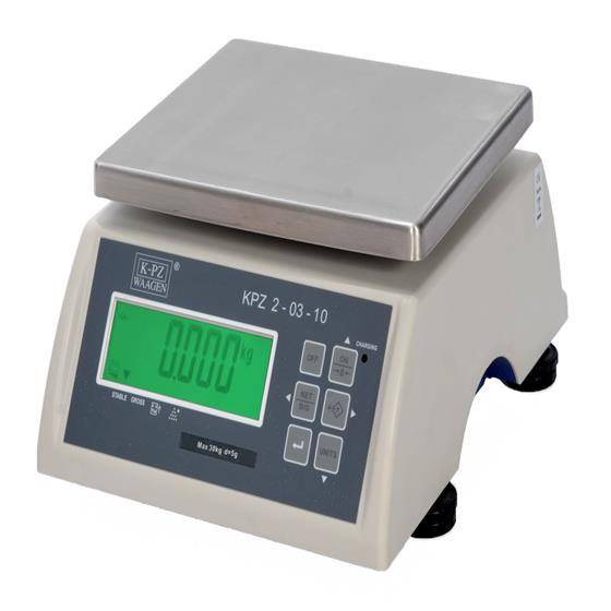 Digitale Waage mit Edelstahlplattform und grünem LCD-Display, das 0,000 kg anzeigt, bezeichnet mit KPZ 2-03-10.