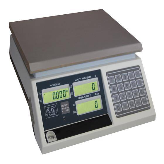 Digitale Waage mit Tastatur und LCD-Displays, die Gewicht, Stückgewicht und Menge alle auf Null anzeigen.