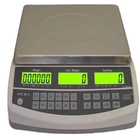 Digitale Waage mit Edelstahlplattform und grünem LCD-Display, das Nullgewicht, Einheitsgewicht und Menge anzeigt.
