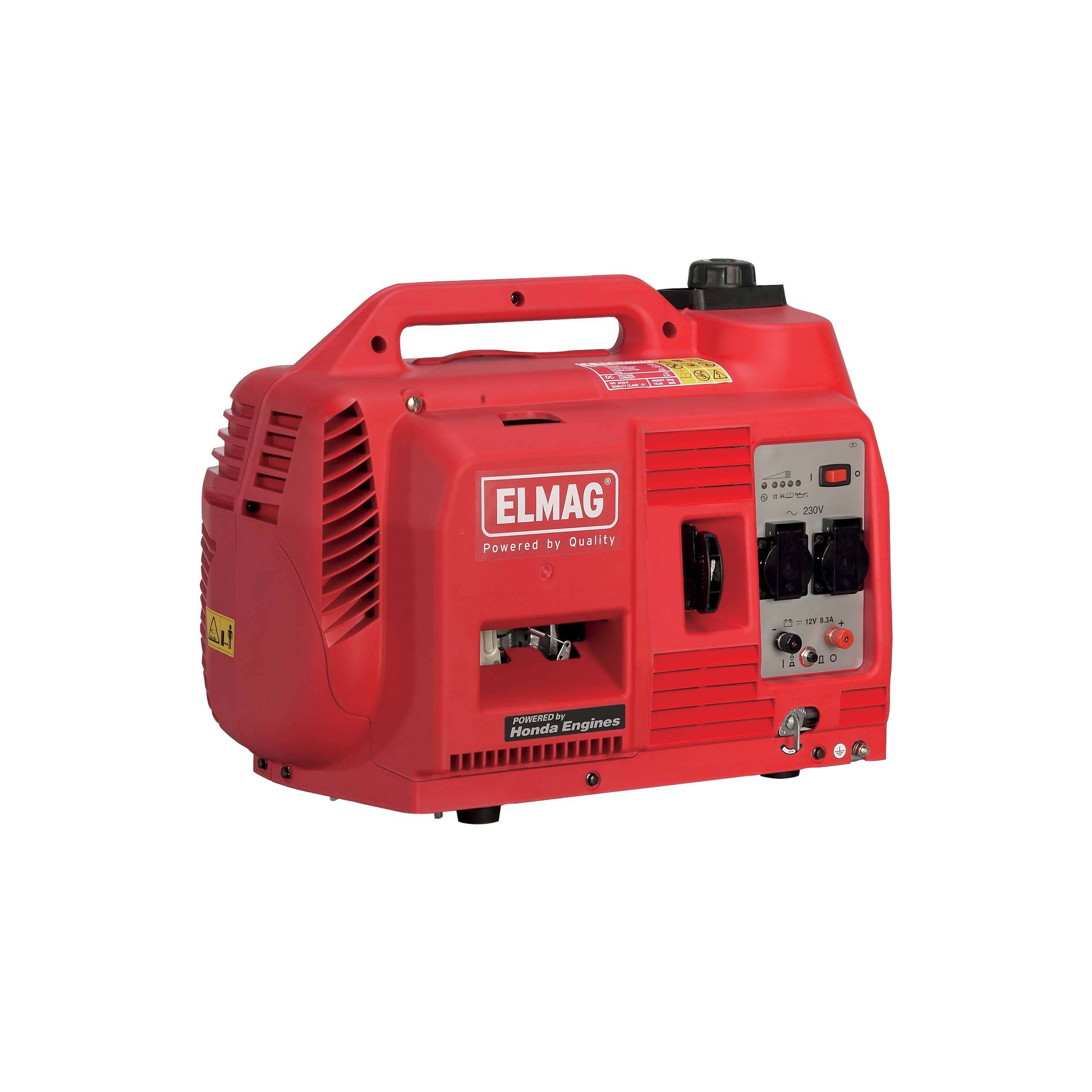 Tragbarer roter ELMAG-Generator mit Griff, Bedienfeld, Steckdosen und Tankdeckel auf weißem Hintergrund.