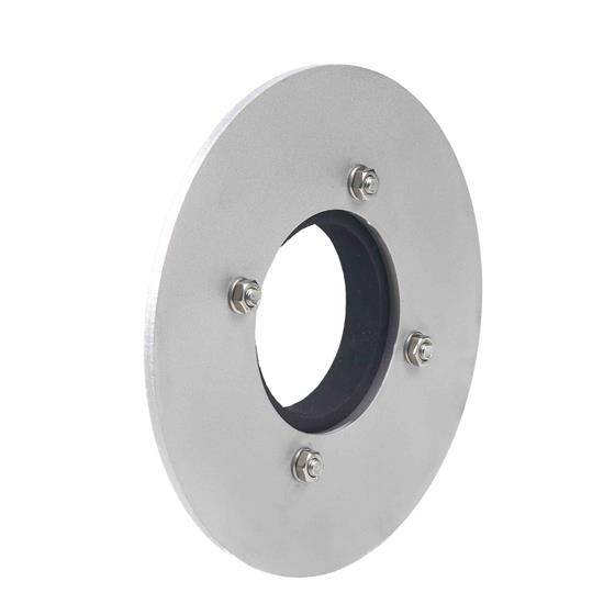 Runde Metallflansplatte aus Silber mit mittlerem Loch und vier Bolzen, vermutlich zur Befestigung eines Rohrs oder Kanals.