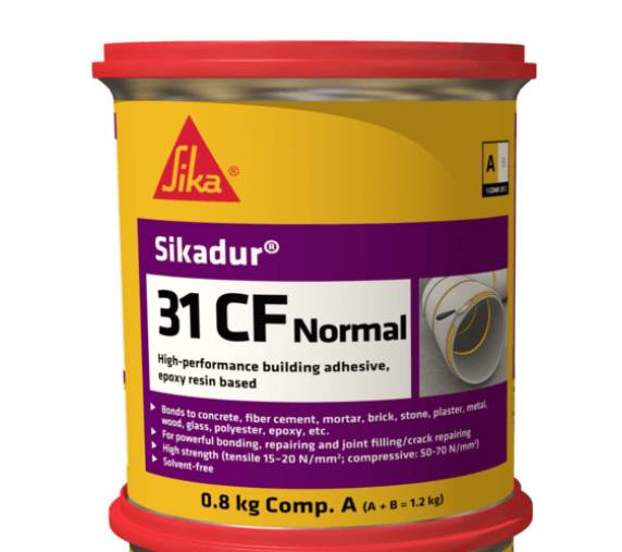 Behälter mit Sika Sikadur 31 CF Normal hochleistungs-Epoxyklebstoff für Bau, 0,8 kg Komponente A, zum Verkleben und zur Rissreparatur.