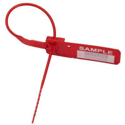 Rotes Kunststoff-Sicherheitssiegel mit Schleife und Verriegelungsband sowie langem manipulationssicherem Anhänger, beschriftet mit „SAMPLE
