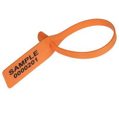 Orangefarbenes Kunststoff-Plombieretikett mit Schleife und gedrucktem Text „SAMPLE 0000201