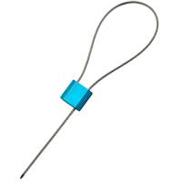 Eine Nähnadel mit grauem Faden gefädelt, gesichert durch eine kleine blaue Perle oder Stopper.