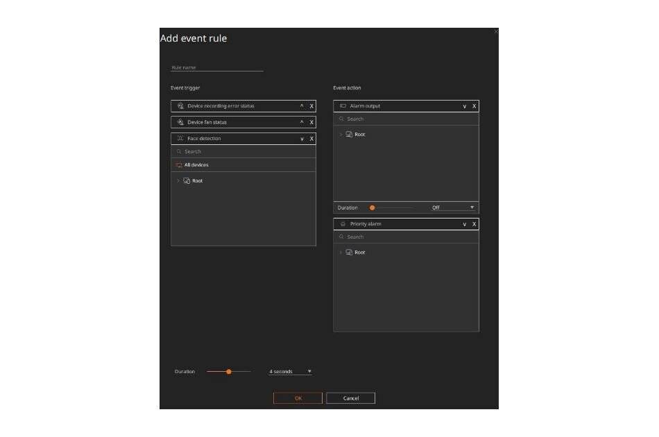 Dialog mit dunklem Design zum Hinzufügen einer Ereignisregel mit zwei Spalten zur Auswahl von Ereignisauslösern und Aktionen, sowie Dauer-/Bedingungseinstellungen und OK/Abbrechen-Schaltflächen.