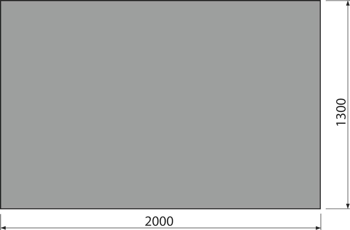 Technische Zeichnung mit Maßstab, die ein 2000 x 1300 Rechteck auf grauem Hintergrund zeigt, mit Messbeschriftungen entlang der unteren und rechten Kanten.