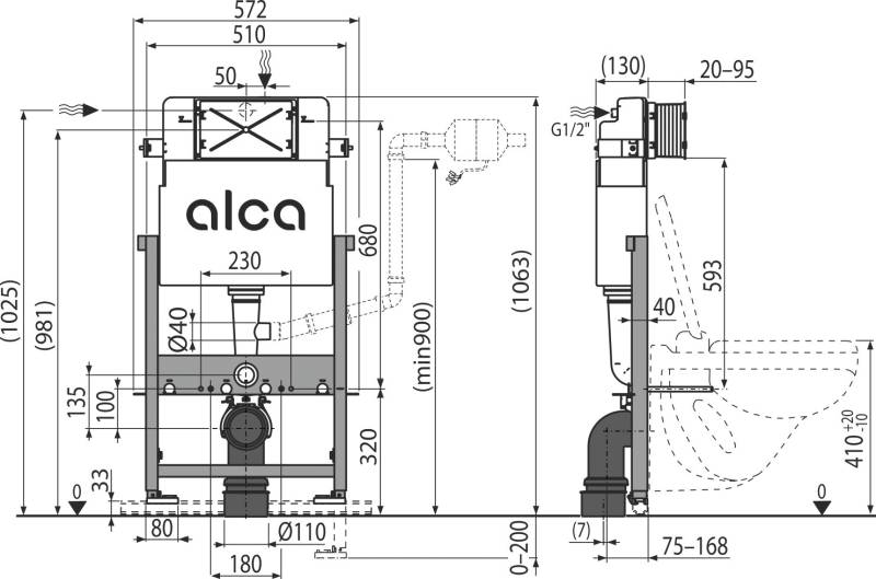 Technische Zeichnung einer Toilettenbecken- und Spülkastenanlage mit Vorder- und Seitenansicht, Abmessungen und der Beschriftung „alca