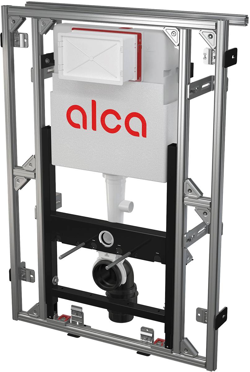 Alca verborgenes Toilettenspülkasten-System, in einem Metallrahmen in der Wand montiert für Badezimmerinstallation in der Wand.