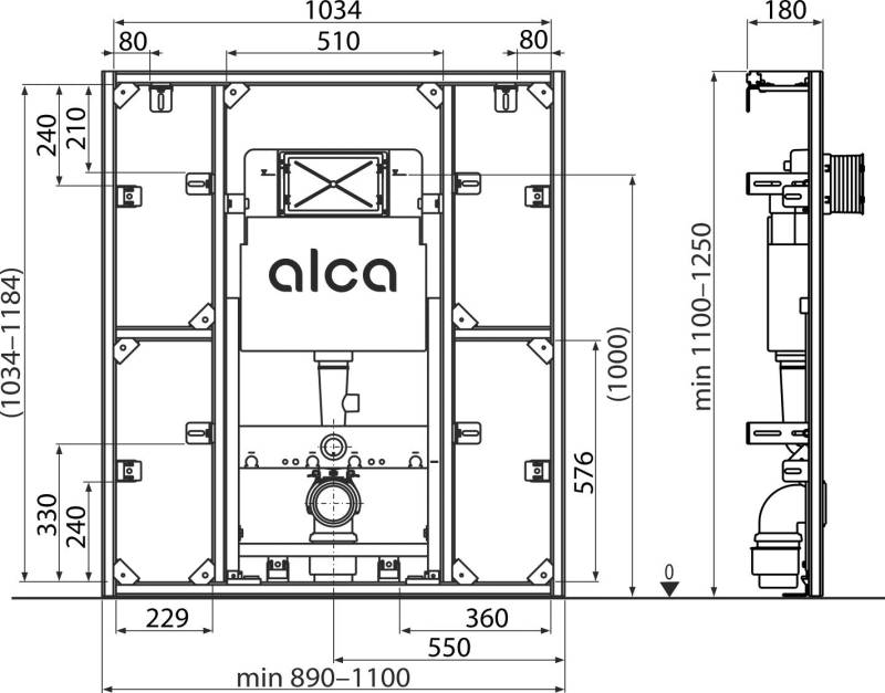 Technische CAD-Darstellung von vorne eines an der Wand hängenden Toilettenrahmens von Alca mit Tank, mit Abmessungen und Details der Seitenansicht.