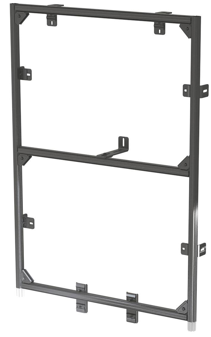 Metallisches Fensterrahmen mit zwei rechteckigen Öffnungen und Montageklammern, dargestellt vor schwarzem Hintergrund.