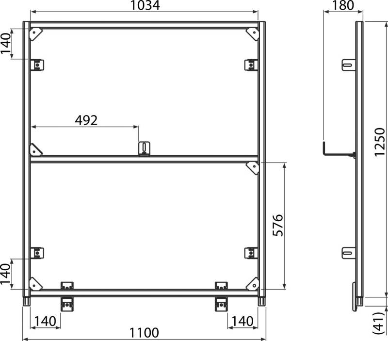Technische CAD-Zeichnung eines rechteckigen Rahmens oder einer Tür mit Bemaßungslinien und gekennzeichneten Messwerten, die Vorder- und Seitenansichten für die Herstellung zeigen.