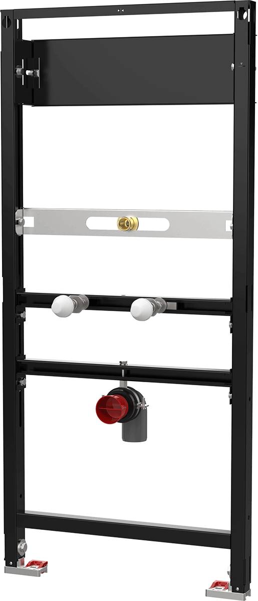 Schwarzes Metallregal-Gestell mit verstellbaren horizontalen Schienen, zwei weißen Drehknöpfen, einem roten Stecker und roten Nivellierfüßen.
